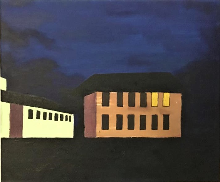 Buildings at night painting