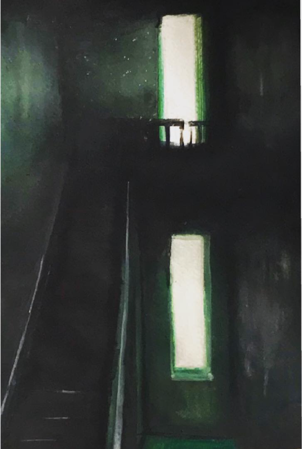 Dark staircase illuminated by two windows