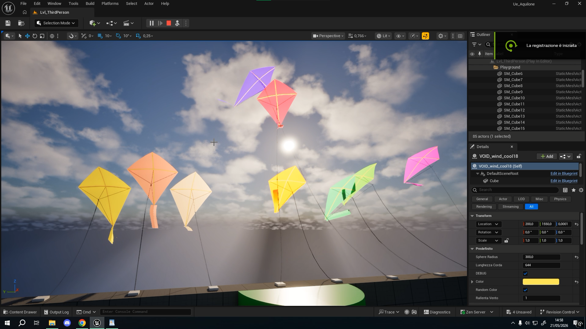 Multiple procedural kites reacting to wind inside Unreal Engine 5